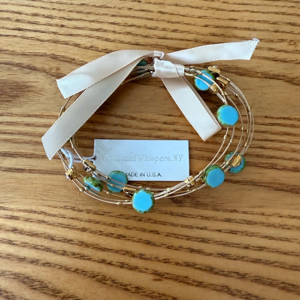 Seasonal Whispers Gold and Turquoise Bracelet Set of 6 . 9" .